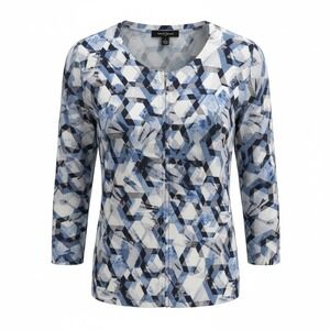 White‎ House Black Market Blue Geometric Zip Front Cardigan Sweater L Large